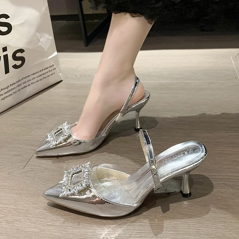 Silver Crystal Pumps Women 2024 Spring Summer Pointed Toe High Heels Shoes Woman Back Strap Stiletto Heeled Party Sandals Shoes