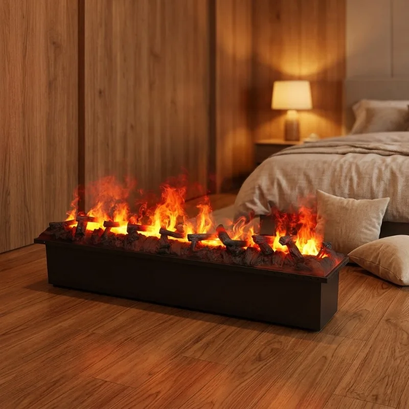 Modern Electric Steel Water Fireplace Wood Logs Insert LED Flames 64 Colors Remote/App Control Freestanding Household Hotel Use