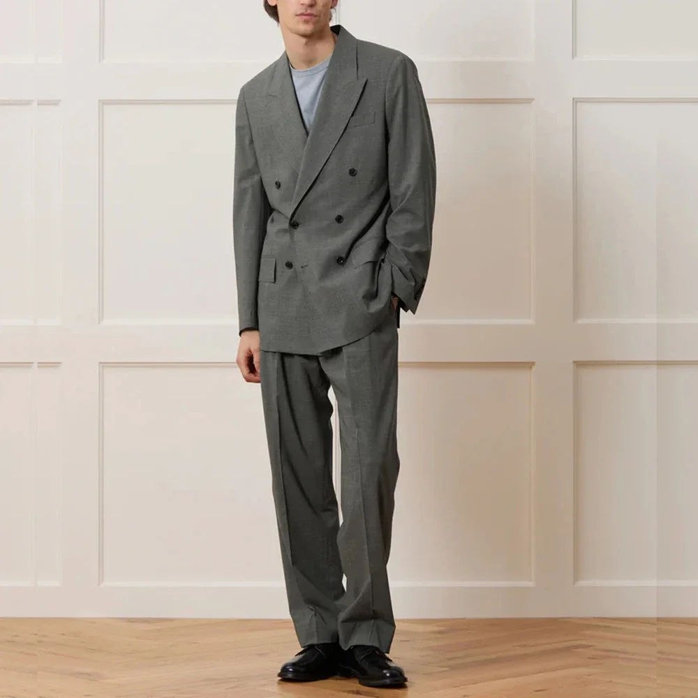 

Men's Suits Chic Male Blazer with Pant Sets Deep Grey Peak Lapel Double Breasted Wedding Business Office Daily 2 Pieces Set