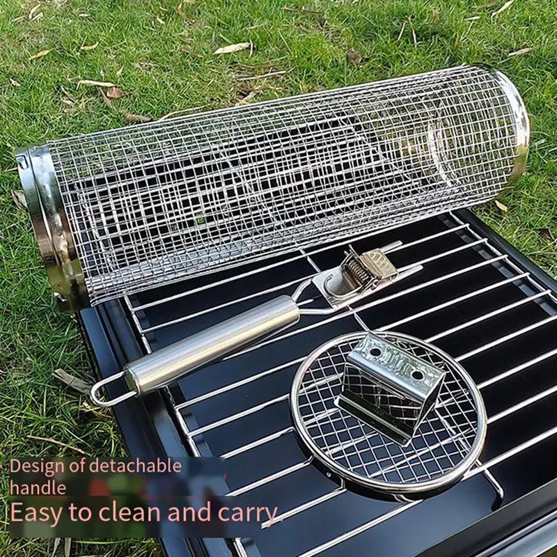 SEWS-Rolling Grilling Baskets For Outdoor Barbecue Cage With Handle Grill Bbq Net Tube Stainless Steel Large Round Mesh