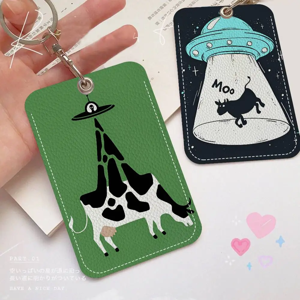 Cows Funny Art Rectangle ID Card Case Keychain Access Card Bag Key Tag Ring Leather Card Holder Key Ring Access
