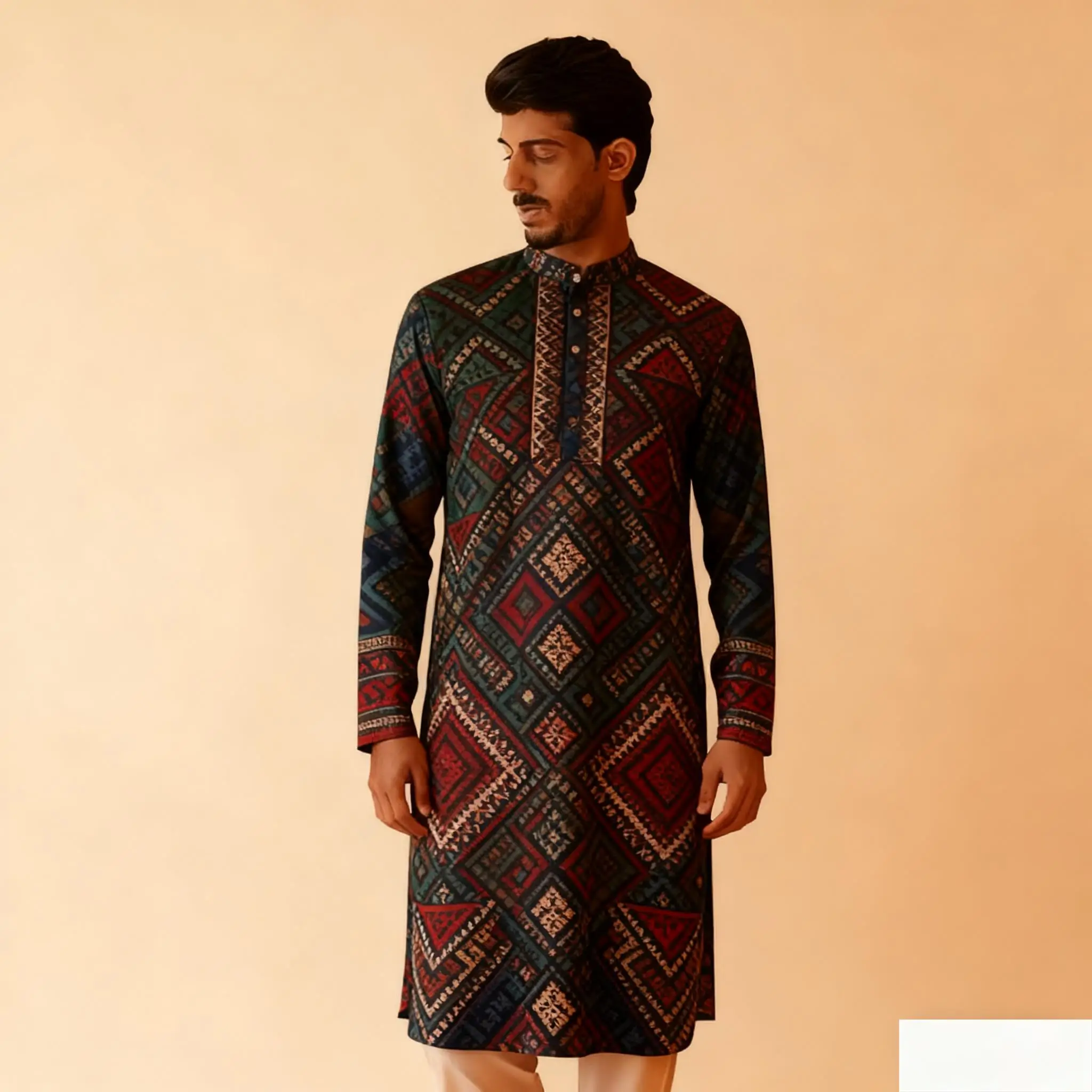 

Men Muslim Simple Casual Shirt Ethnic Printing Style Long Sleeve Shirt Stand Collar Islam Homme Muslimische Kleider Herren
