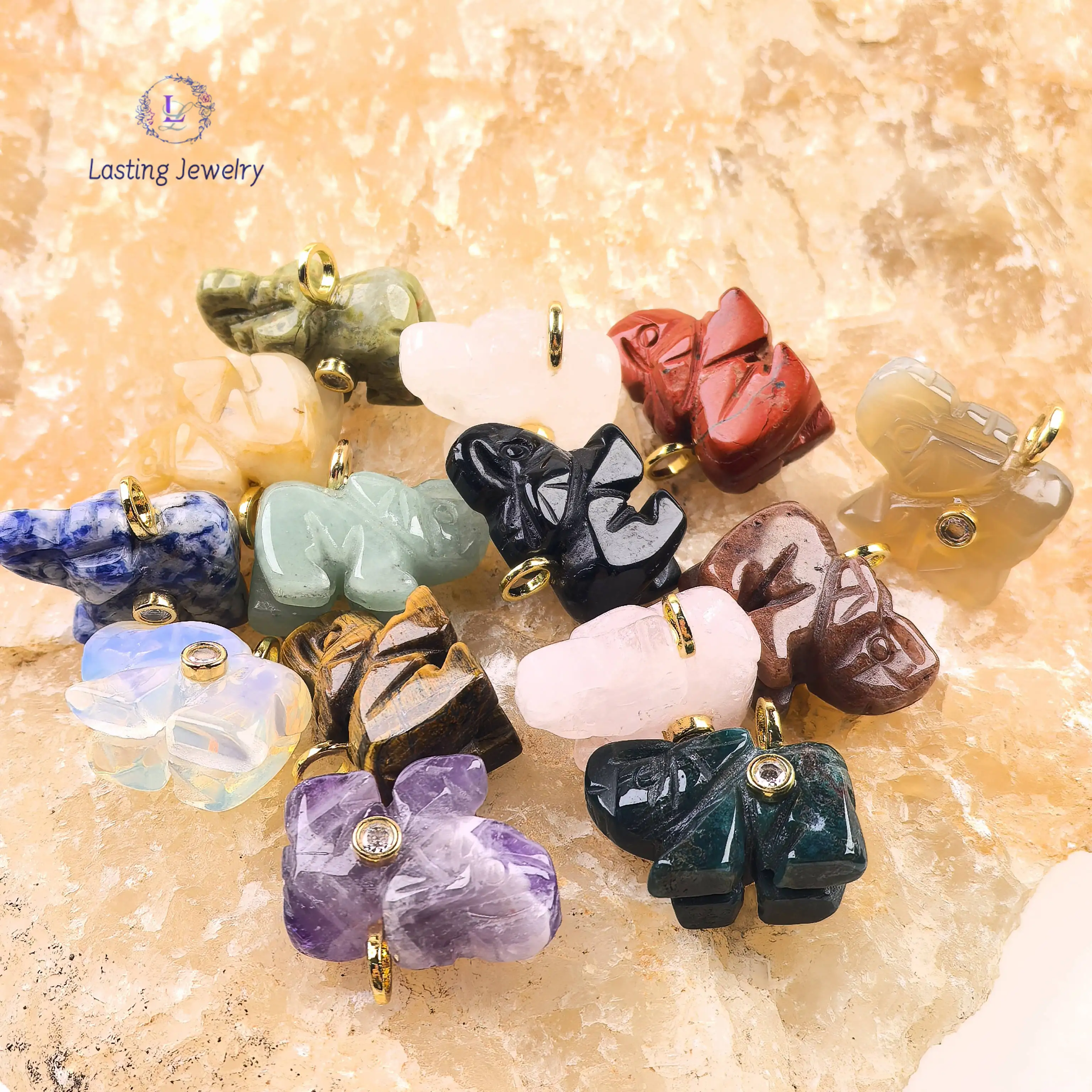 Carved Quartz Elephant Pendants With Inlaid Zircon Reiki Crystal Gemstone Agate Sodalite Animals Charms Necklace Jewelry Making