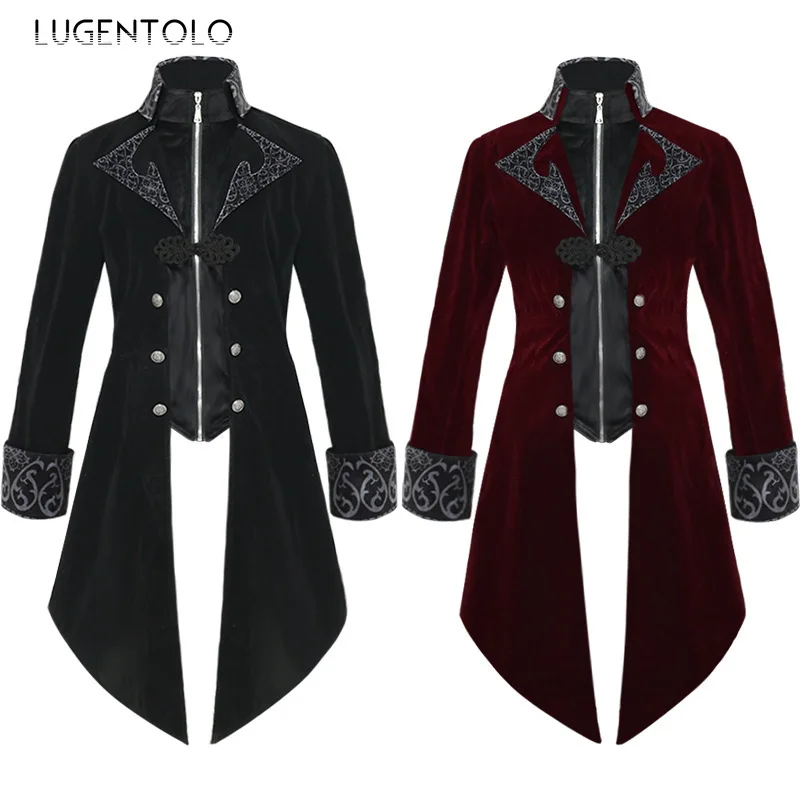 

Men Medieval Tuxedo Coat Punk Vintage Court Costume Zipper Long Jacket Male Slim Button Part Tailcoat Patchwork Cloth Lugentolo