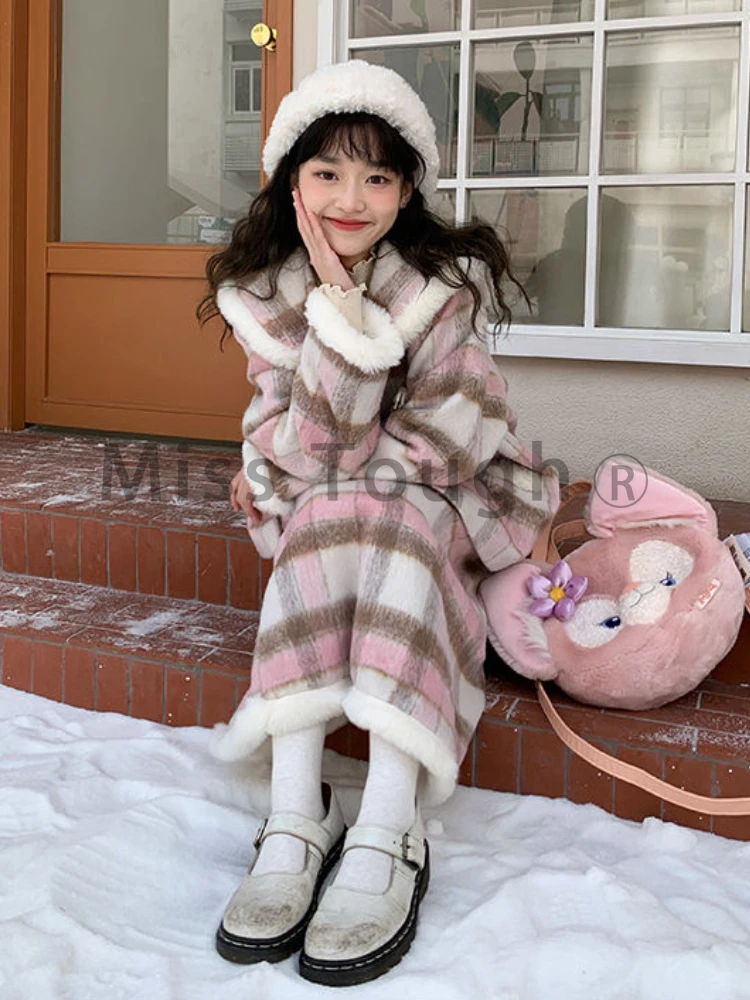 Winter Vintage Elegant Two Piece Set Women Plaid Patchwork Sweeet Skirt Suit Female Korean Fashion Chic Warm Casual Set 2023 New