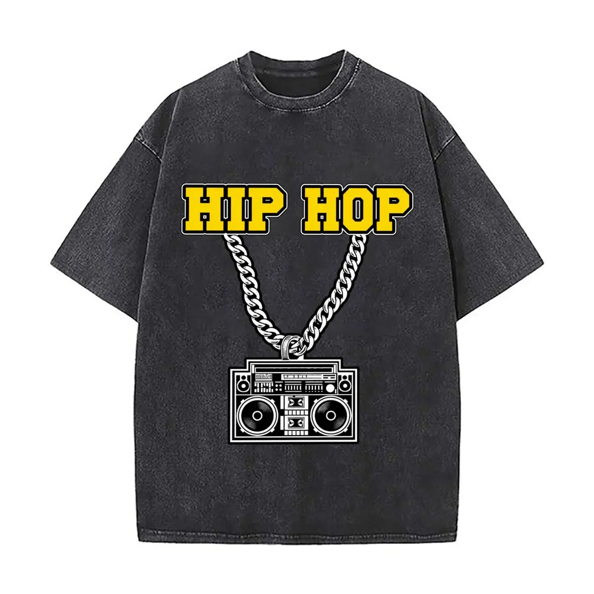 Hip Hop Chain Boombox Graphic Vintage Distressed Loose Streetwear Tops
