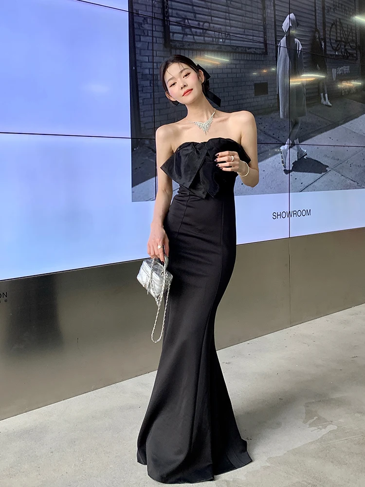 

Bla Sexy Bow Tie Long Birthday Evening Gown Hepburn Sle Formal Ocn Tail Fi Tail Long Skirt Sexy Strapl Dr