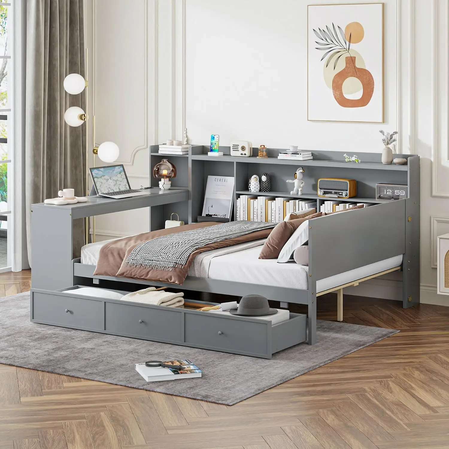Full Size Daybed With Storage For Kids,Day Bed Frame With Bookcase Headboard & Usb Ports & Desk & 3 Drawers,Sleeper Sofa Bed