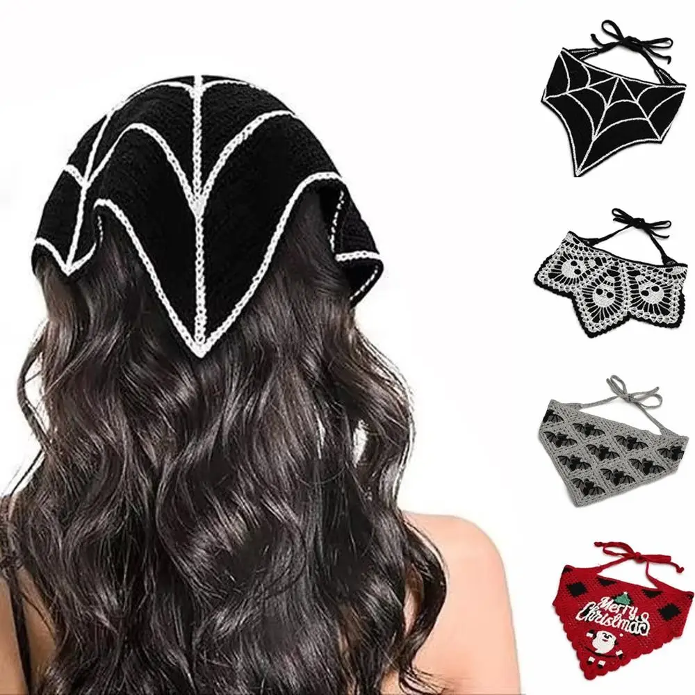 Knitted Halloween Headscarf Creative Pattern Cotton Skull Print Headscarf All Saints Day Style Hollow Out Design
