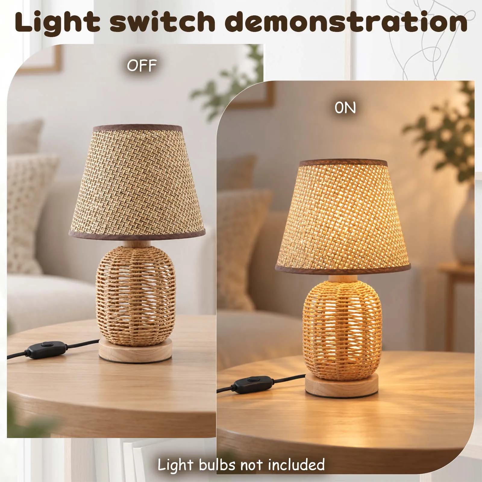 Boho Brown Rattan Table Lamp, Conical Shade Openwork Egg Base for Bedroom