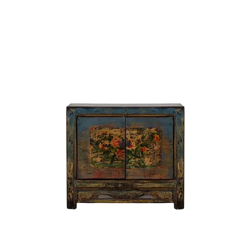 Hand Painted Flower Pattern Imitation Old Cyan Lacquered Surface Two Doors French Country Style Living Room Decorative