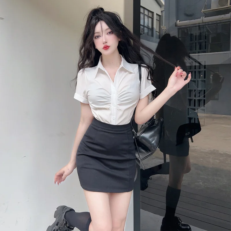 

Sexy Waist-Cinching Shirt And Skirt Set Women's Professional Workwear Cotton Blend Summer Fashion Trendy Two-Piece Suit