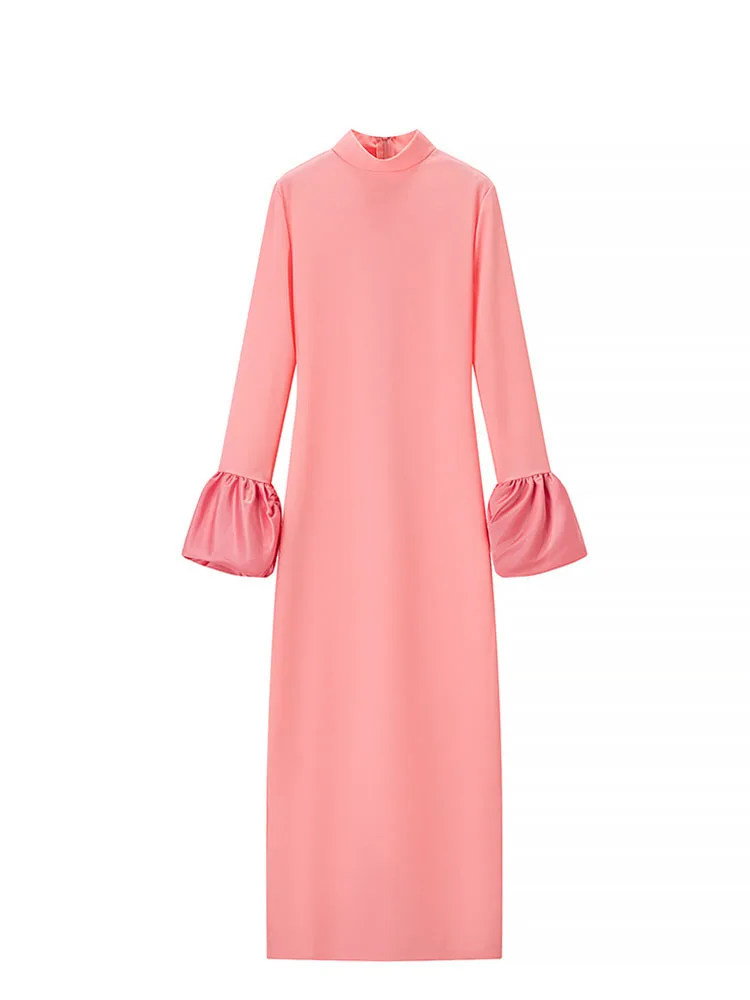 HH Mulheres Moda Verão Gola Meia Alta Mangas Compridas Fenda Decorar Vestido Feminino Elegante High Street Zipper Slim Vestido Longo