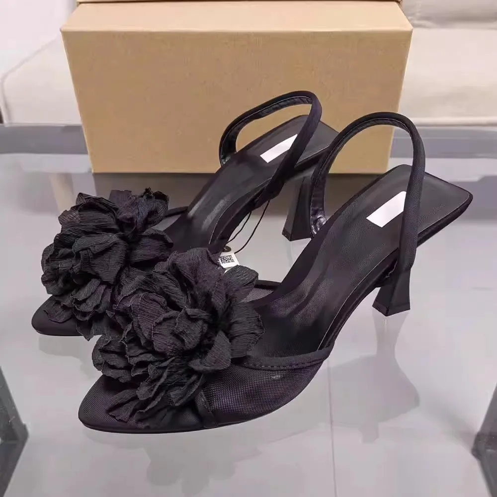 TRAF-zapatos de tacón alto con flores para mujer, sandalias de Punta abierta con punta de malla, estilo francés, Stilettos, color negro, 2024