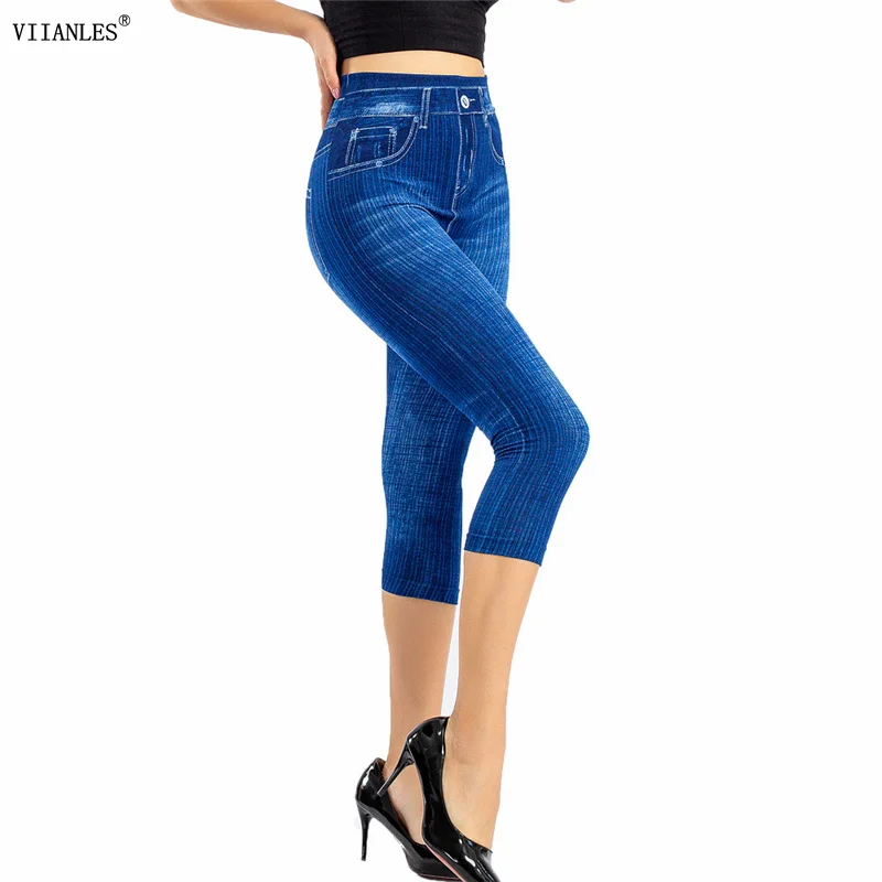 VIIANLES Sommer Frauen Capris Faux Jeans Denim Print Leggings Fashion Slim Stretch Kurze Bleistift Hosen Hohe Taille Strumpfhosen Blau