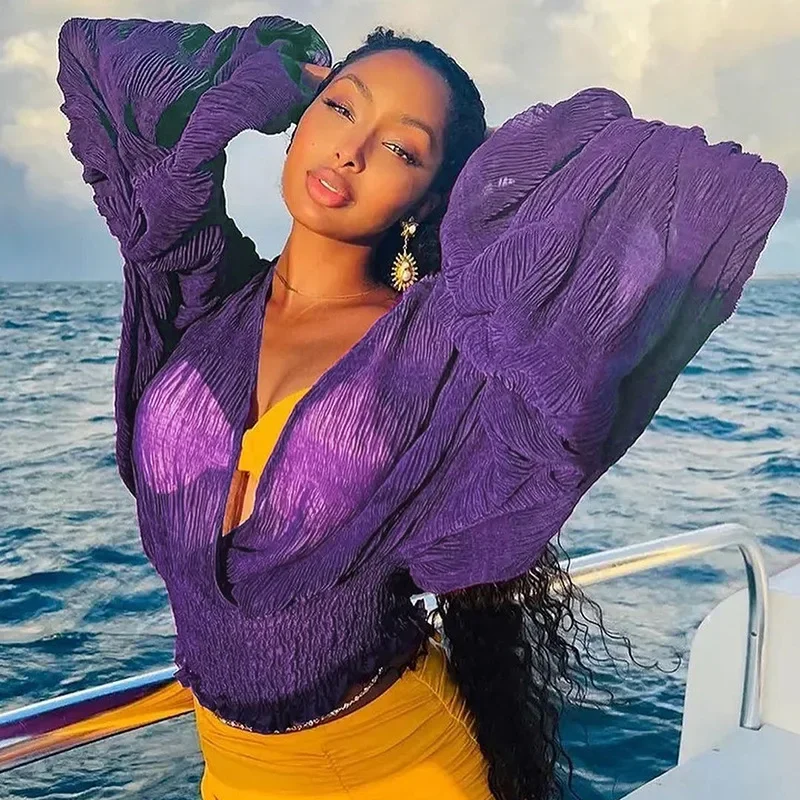 

Spring New Fashion Women's Top Bubble Sleeves Folded Versatile Deep V Sexy Short Loose Street Trend Chiffon Shirt