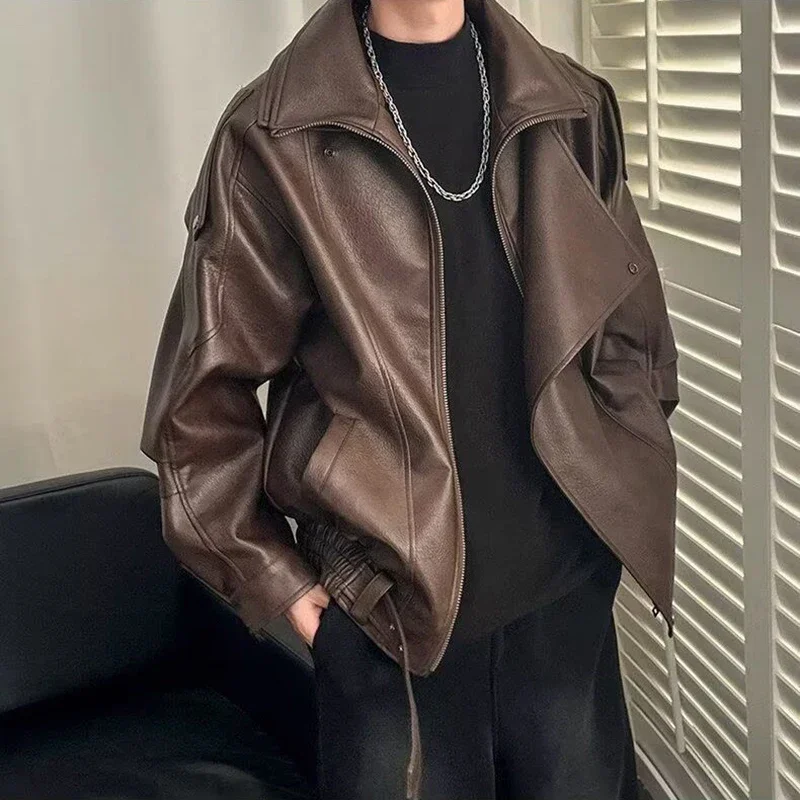Spring Autumn New Men Faux Leather Jacket Male Chic Lapel Collar Solid Outerwear Trend Motorcycle Style Casual Coat