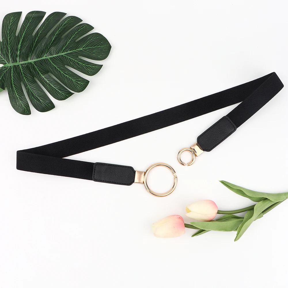 Fashion elastic women thin waist belt metal hollow ring buckle multi-color waist cover