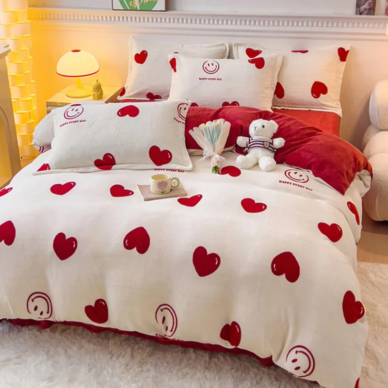 

New Crystal Velvet Warm Bedding Set for Winter Cartoon Flannel Fleece Warmth Duvet Cover Set Queen Soft Comforter Cover Sets