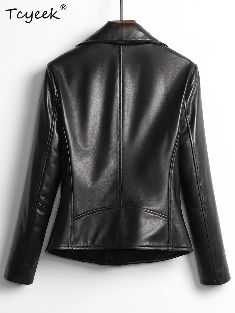 Tcyeek Echt Schaffell Frauen Leder Jacke Frühling Herbst Anzug Kragen Lange Ärmeln Schwarz Kurze Motorrad Jacke Chaqueta Cuero