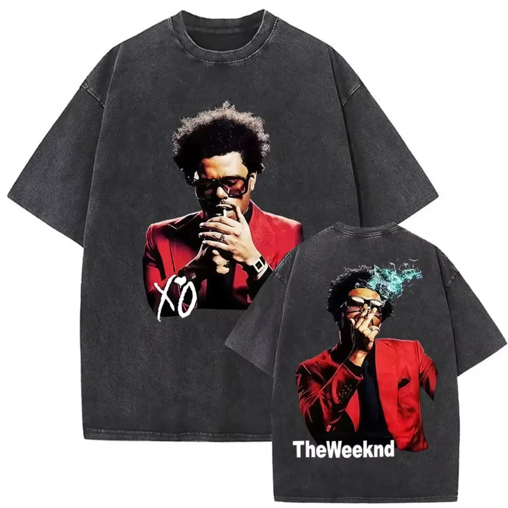 Rapper The Weeknd Musikalbum-Cover Vintage Washed T-Shirt für Männer und Frauen Hip-Hop Mode Übergroßes Lässiges Streetwear Grafik-T-Shirt