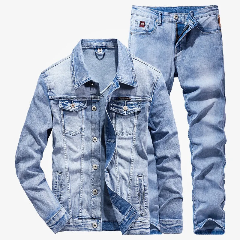 Men 2 Piece Sets New Simple Spring Autumn Smoky Gray Long Sleeve Denim Jacket + Jeans Fashion Slim Couple Denim Suit Ropa Hombre