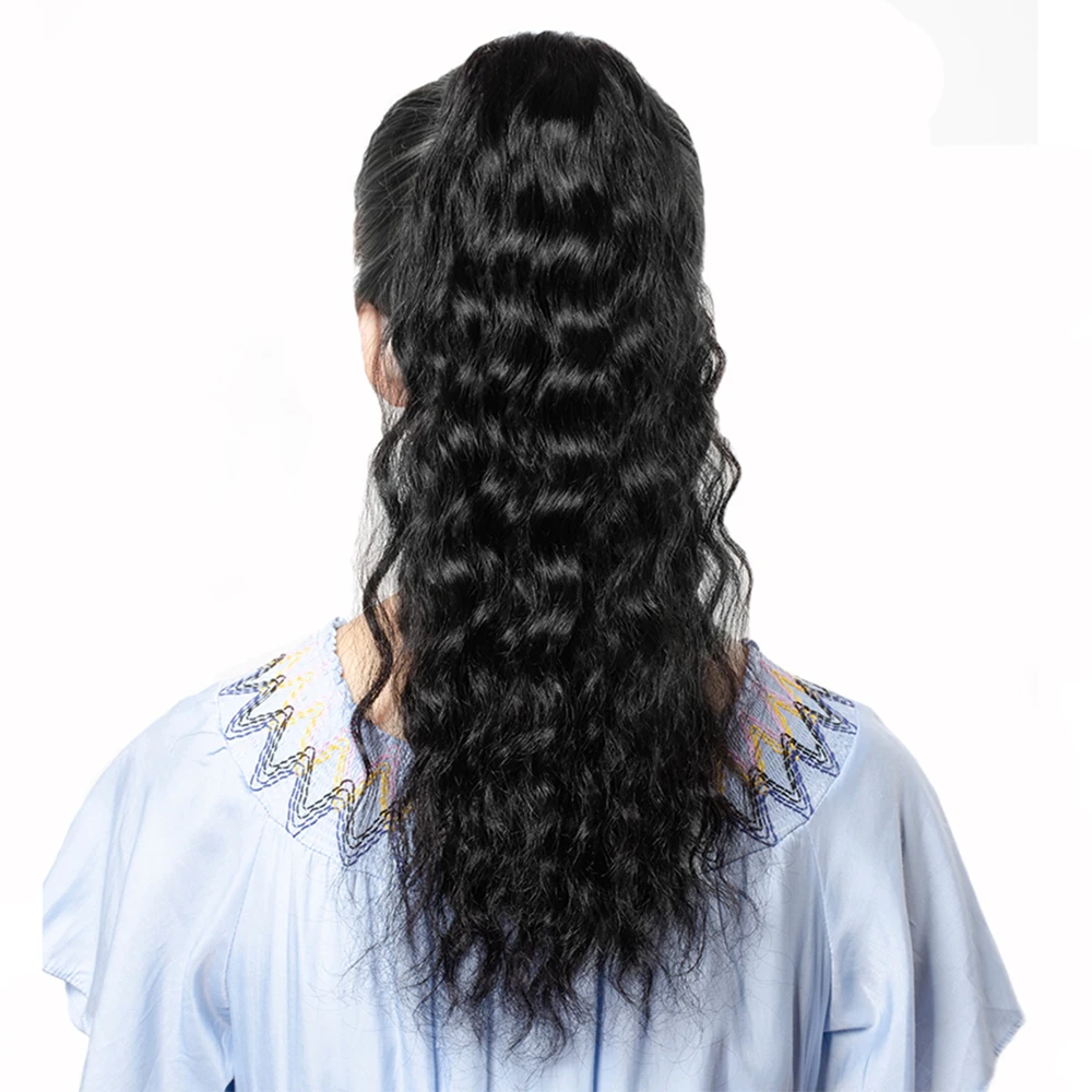 100g Natural Wave Drawstring Ponytail Human Hair Clip In Extensitons Natural Black Water Wave Pony Tail Brazilian Hair For Women