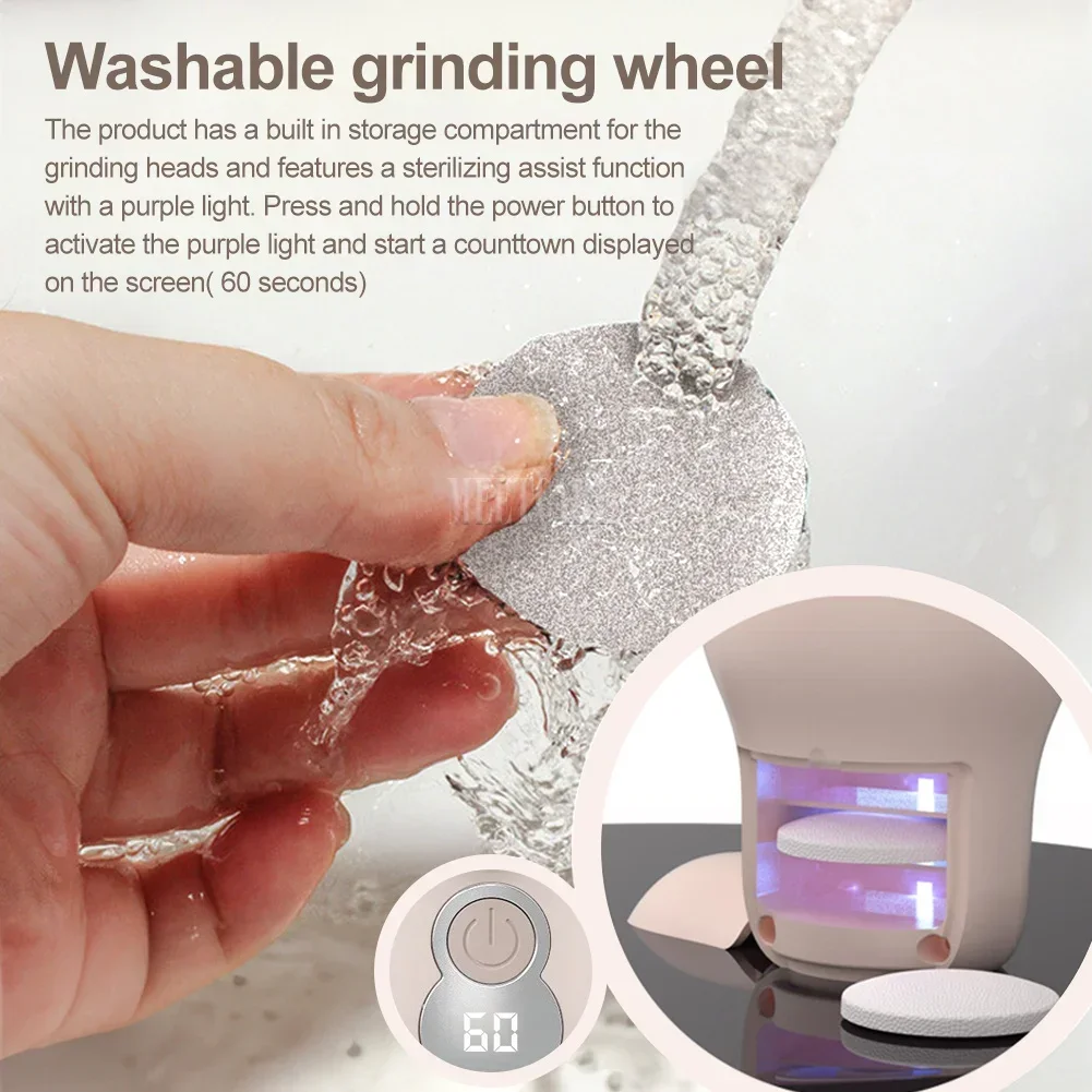 Mini Electric Pedicure Foot Grinder with LED Dry Peel USB Charging 3 Grinding Wheel Waterproof Foot Exfoliating Calluses Tool