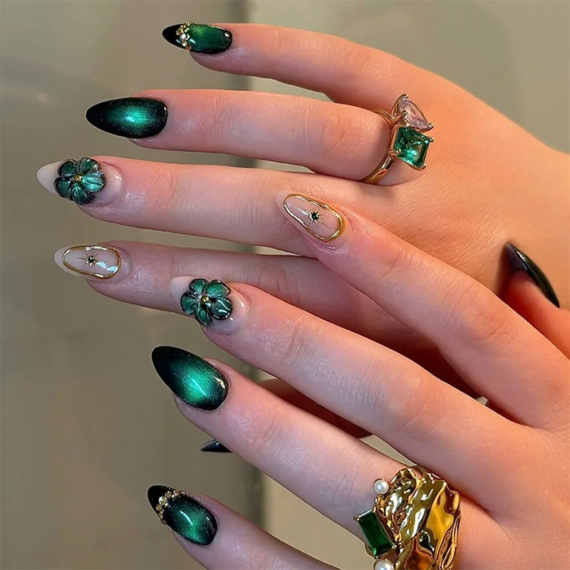 

24pcs Dark Green Cat Eye Fake Nails Gold Foil Vintage Flowers Press on Nail Almond Lines False Nail for Women&Girl Nail Art