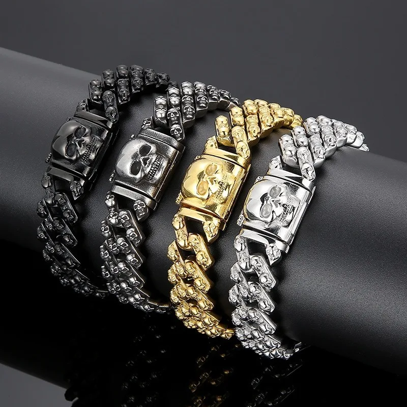 Men Retro Titanium Steel Skull Bracelet, Punk Hip Hop Rock Statement Wrist Jewelry For Club Street Fashion