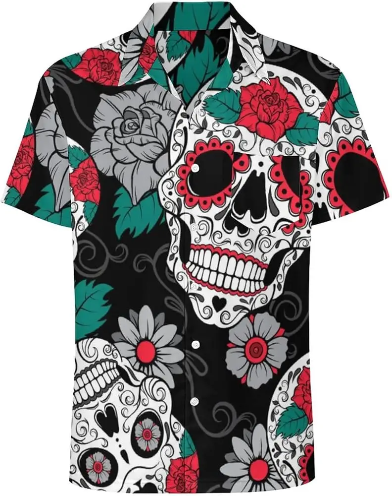 

Fashionable 2025 Trendy Skull Men's Summer Hawaii Beach Summer Short Sleeve Shirt