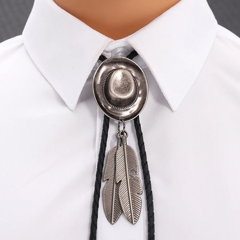 Vintage Western Cowboy Hat Necklace Leather Rope Unisex Long Pendant Chain Alloy Adjustable Metal Feather Necktie Cosplay