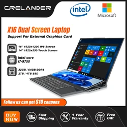 CRELANDER Dual Screen Laptop 16 Inch 2K + 14 Inch Touch Screen intel core i7-9750 64GB RAM Zenbook Duo Laptop Gaming Notebook