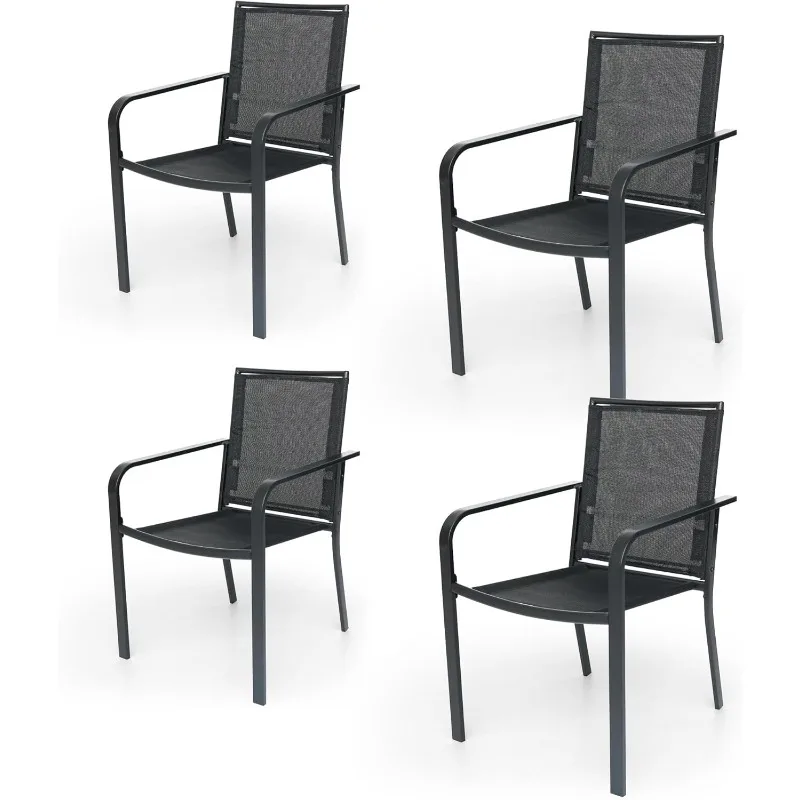 

Stackable Outdoor Dining Chairs Set of 4, Black Metal Frame with Mesh Fabric, Lightweight 9 lbs, Wide Seat, All Weather Dining S