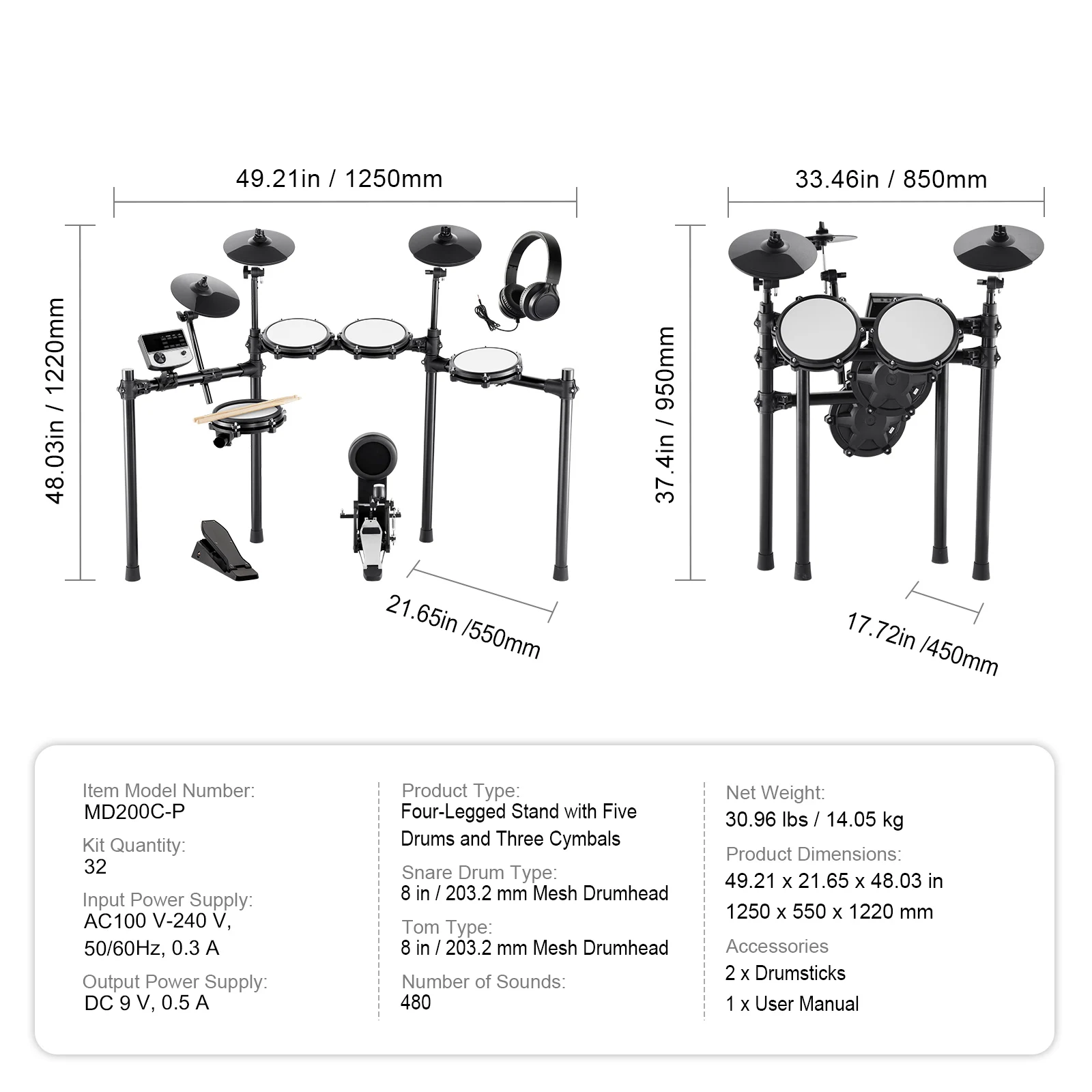 SucceBuy elektrisch drumstel 32 drumstellen en 480 geluiden, USB MIDI-ondersteund 8/10 inch stil gaas + 10 inch bekkens drumstokken Gemakkelijk te gebruiken