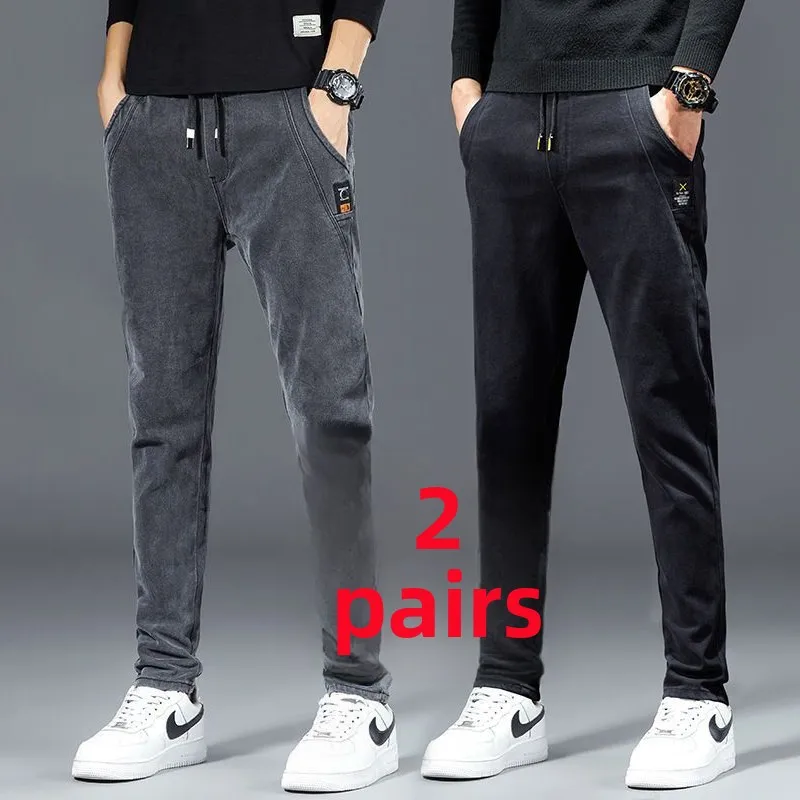 

Spring Autumn Men's Slim Straight Work Jeans Elastic Waist Casual Long Pants Wear Resistant Labor Protection Jeans