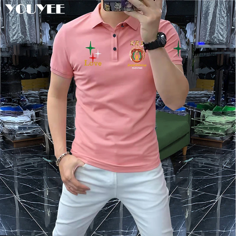 2022 New Polo Men\'s Heavy Craft Embroidery Trendy Male Pink Top Short Sleeved T-shirt Summer High Quality Handsome Man Clothing