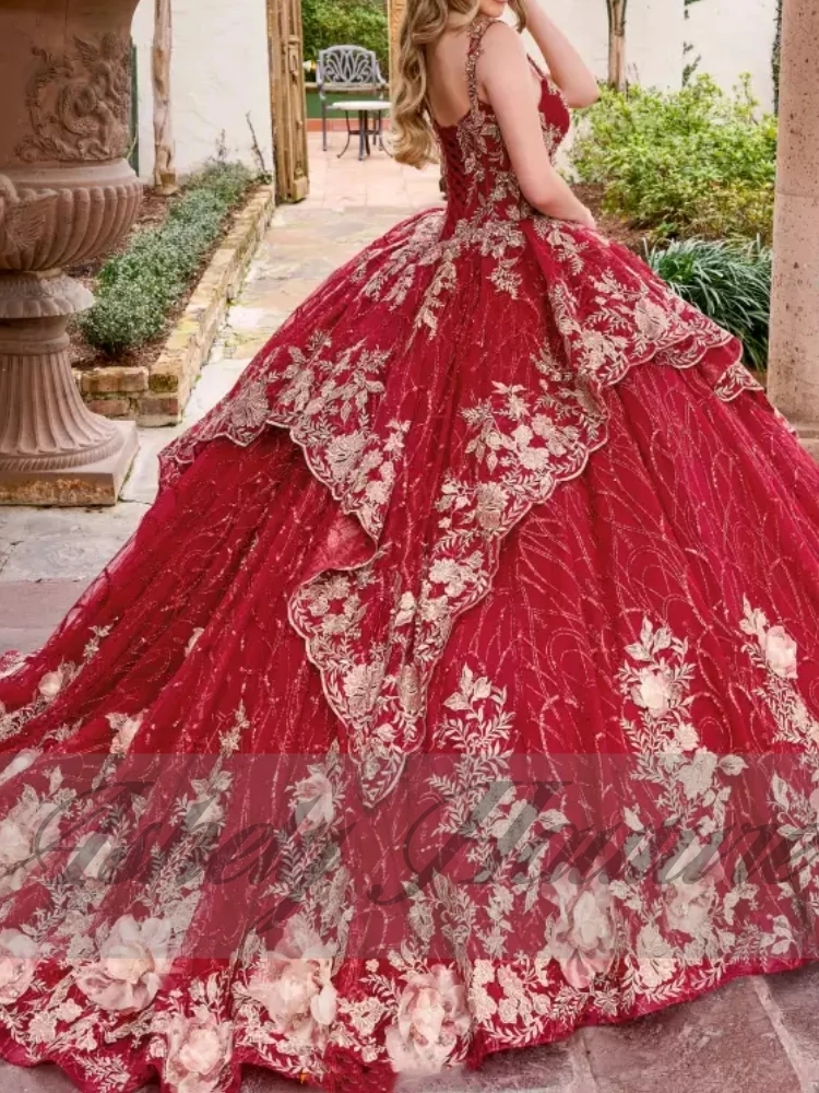 

Customized Luxury Red Quinceanera Dresses Ball Gown Flower Applique Ball Gown Women Prom Birthday Party Dress Vestido 15 16 Girl
