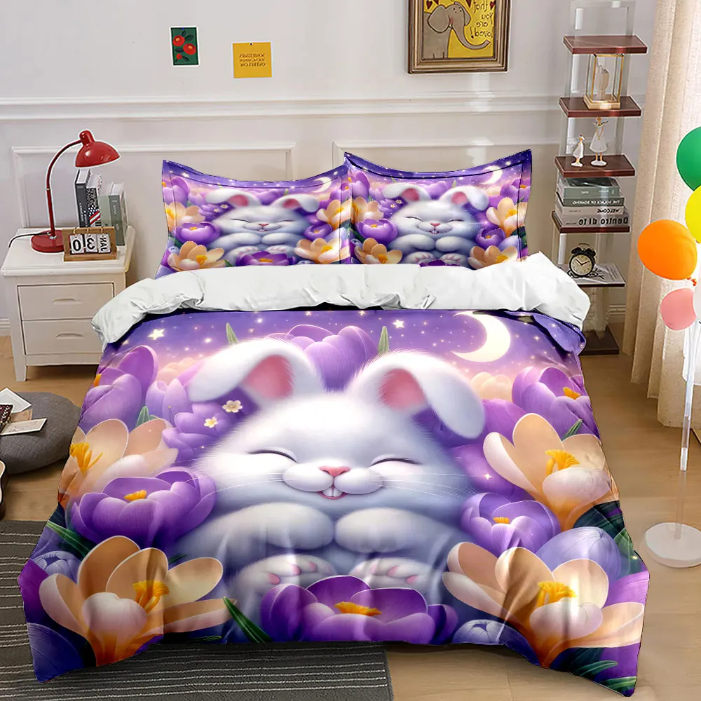 

3pcs White bunny in purple flowers Print Bedding Set 1 Duvet Cover 2 Pillowcases for Adult and Children Luxury Gift Full Size