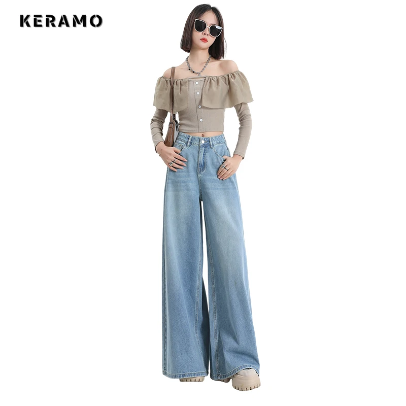 Imagem -05 - Jeans Retrô Americano de Cintura Alta Extragrande para Mulheres Calças Largas Casuais Streetwear Y2k Wide Leg Grunge Calça Jeans Azul