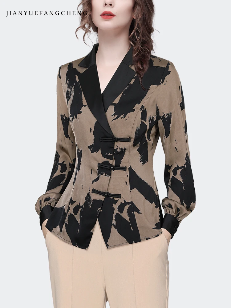 Fashion Printed Satin Blouse Women Lapel Collar Long Sleeve Tops 2024 Spring Summer New Elegant Slim Vintage Casual Shirts