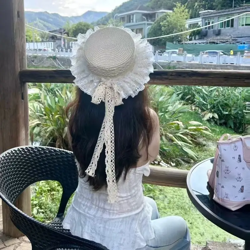 Lolita chapéu com gravata borboleta renda doce jk palha sol headdress para mulheres vintage verão boho photoshoot acessórios praia festa à beira-mar
