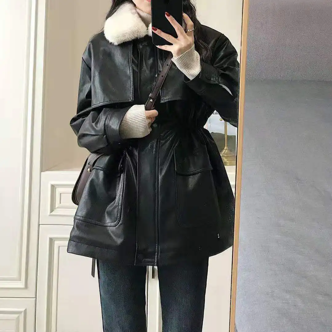 

Motorcycle Style Autumn Winter Thick PU Coat Retro Plush Turn-down Collar Leather Jacket Women's Y2K Style Trendy Black Coat