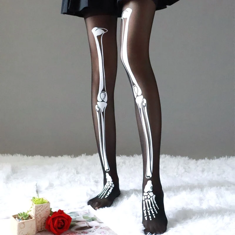 Halloween Black Skull Print Tights Stockings Sexy Women Pantyhose Leggings for Cosplay Club Party Harajuku Style Accessories