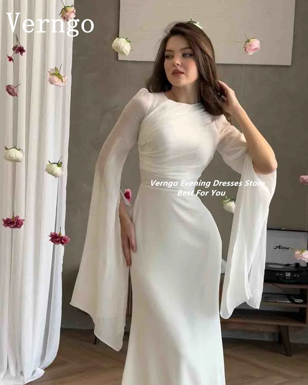 Verngo lvory Chiffon Eveing Dress Full Sleeves Mermaid Prom Gowns For Women Dubai Formal Occasion Dress