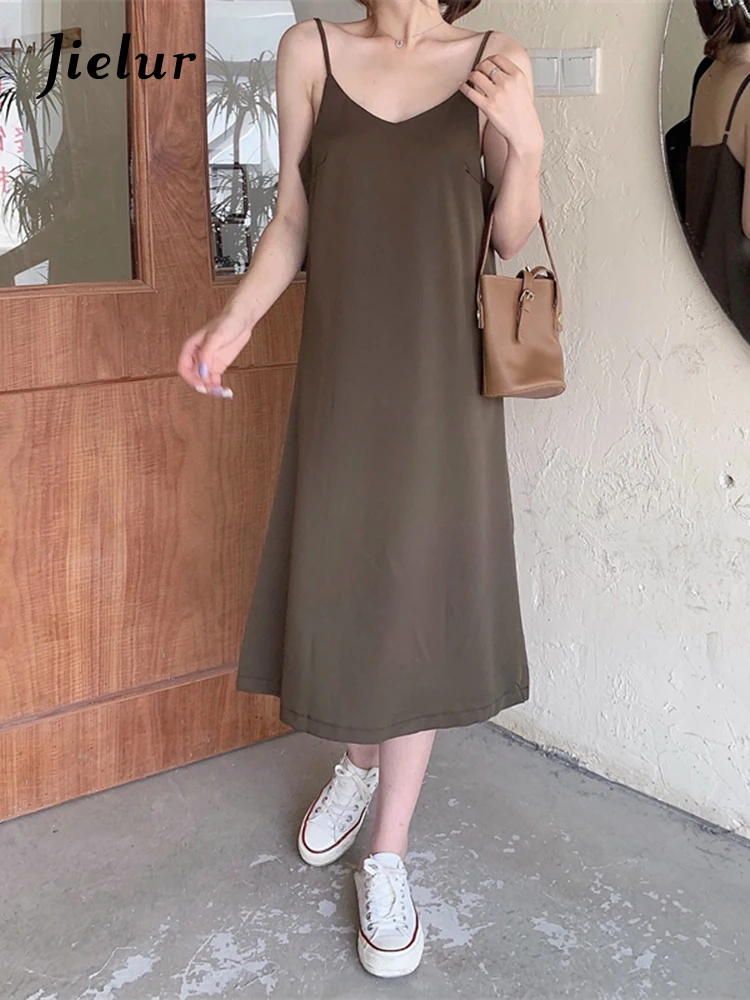 

Jielur Women Fashion 2022 Summer Dress Brown Black Sexy Spaghetti Strap Long Dress V-Neck Loose Elegant Basic Lady Dresses M-XL