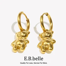 E.B.belle Gold Plated Cute Small Bear Hoop Earrings Stainless Steel Waterproof Glossy Animal Ear Jewelry