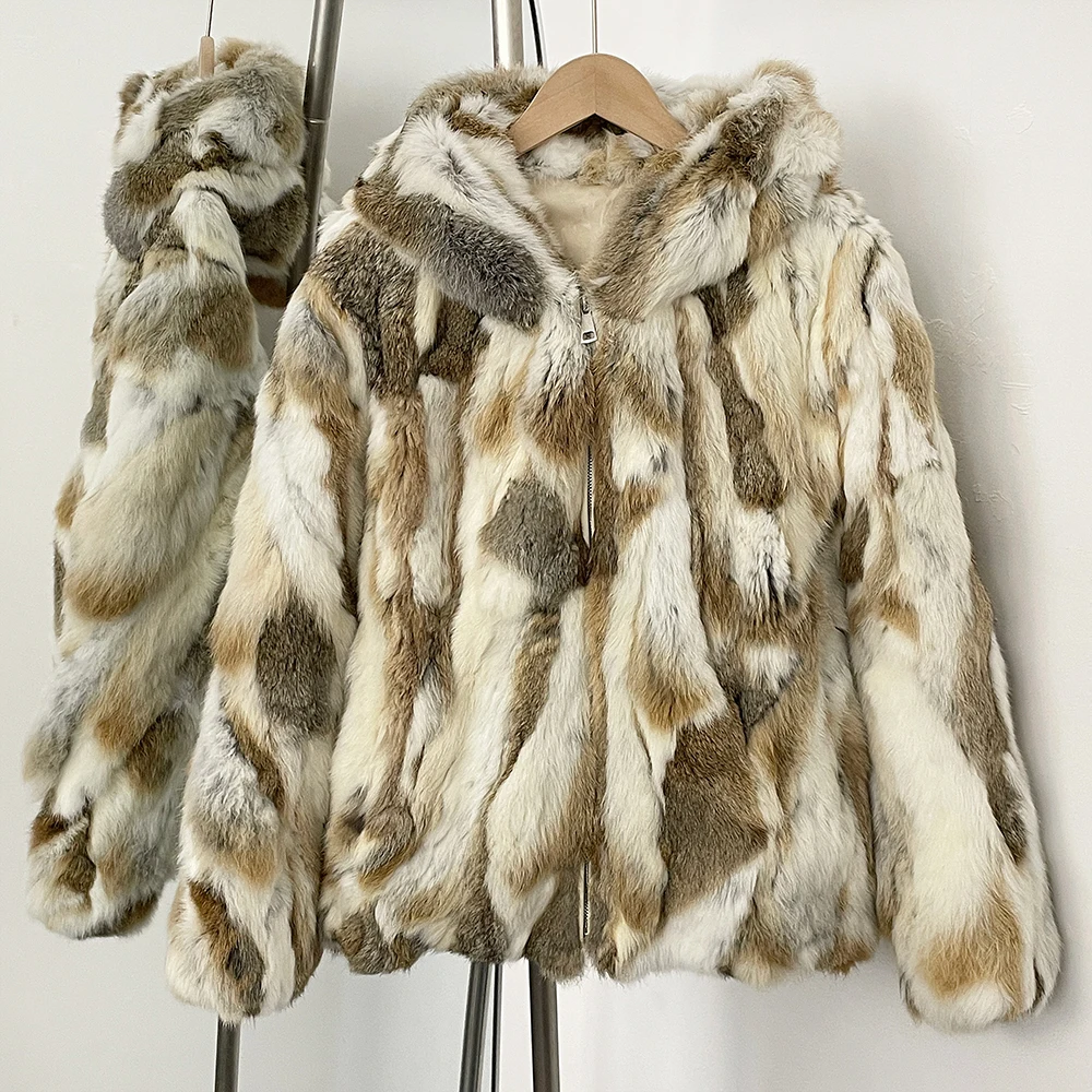 

Natural Rabbit Fur Jacket Lady Fashion Autumn Winter Luxury Women Warm Zipper Hooded Thickened Real Fur Reality Fur Coat Female