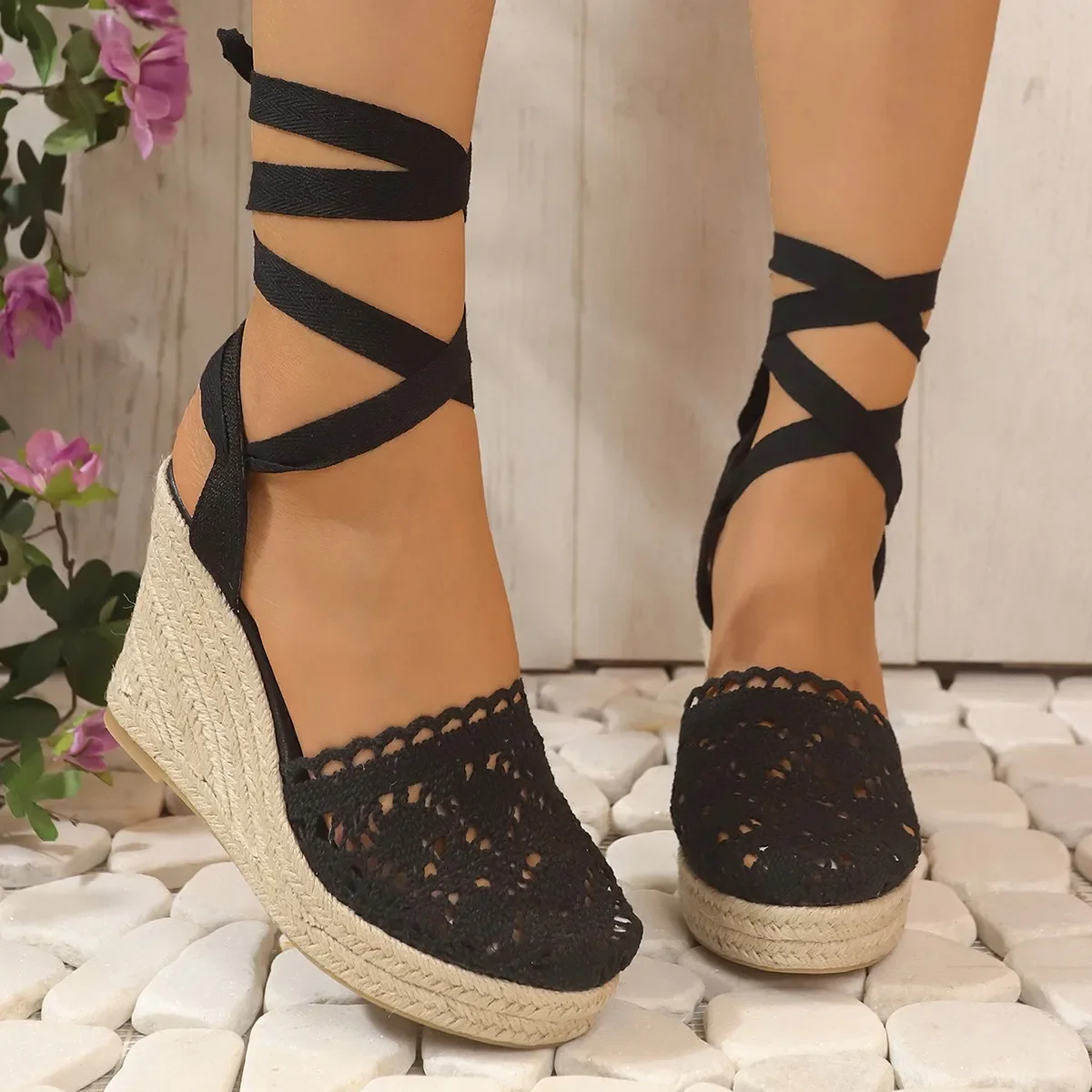 Grass Woven Slope Heel High Heel Lace Sandals Ankle Strap 2024 New Simple and Fashionable Linen Woven Cross Strap