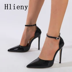 Hlieny-女性のための黒のパテントレザースティレットパンプス、先のとがったつま先、ハイヒール、パーティーストリッパー、プロムシューズ、ファッション、デザイナー、サイズ35-42